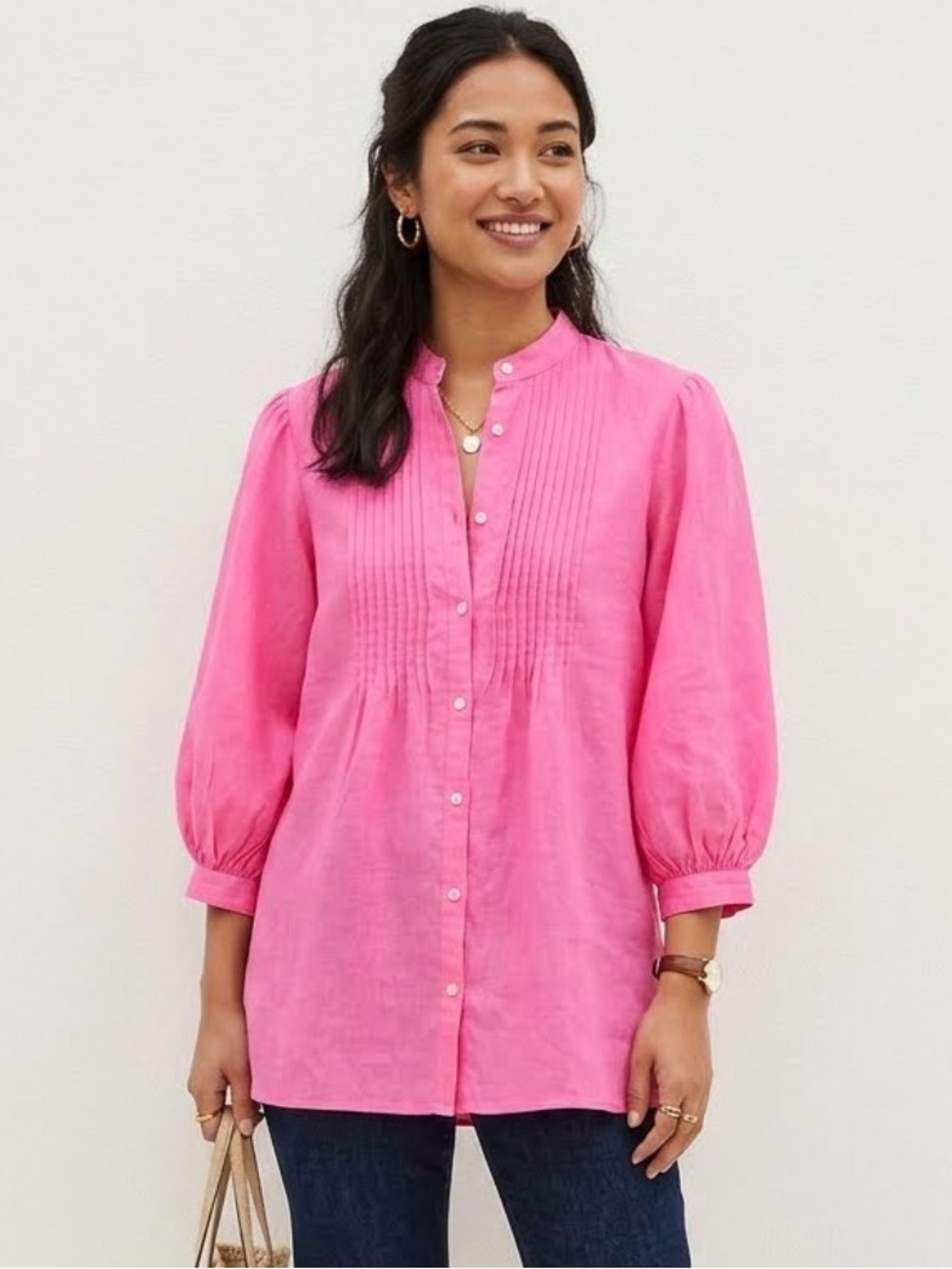 Vintage 90s Lauren Ralph Lauren M  pink linen pintuck mandarin collar blouse